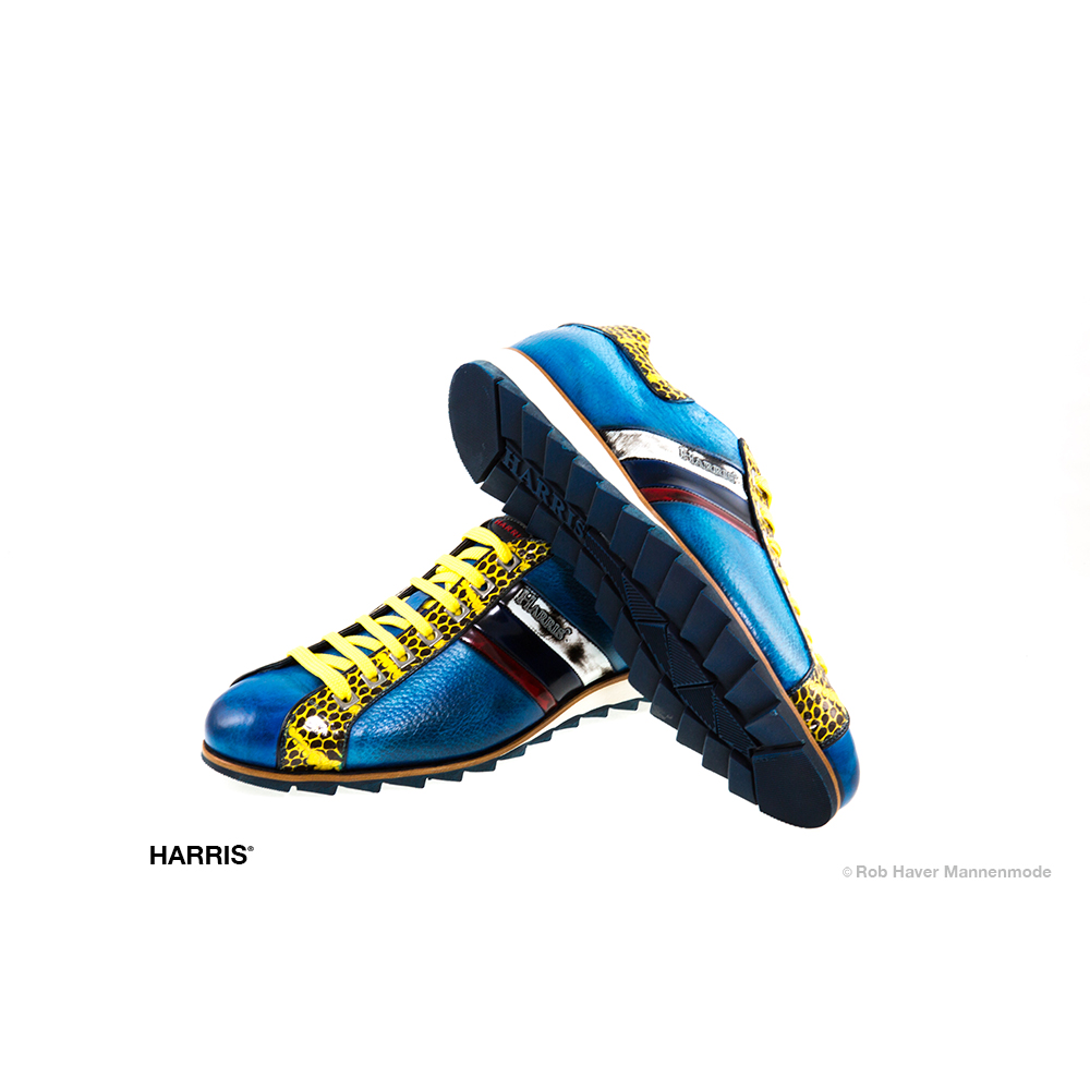 Harris, rundleren blauw, geel schoen