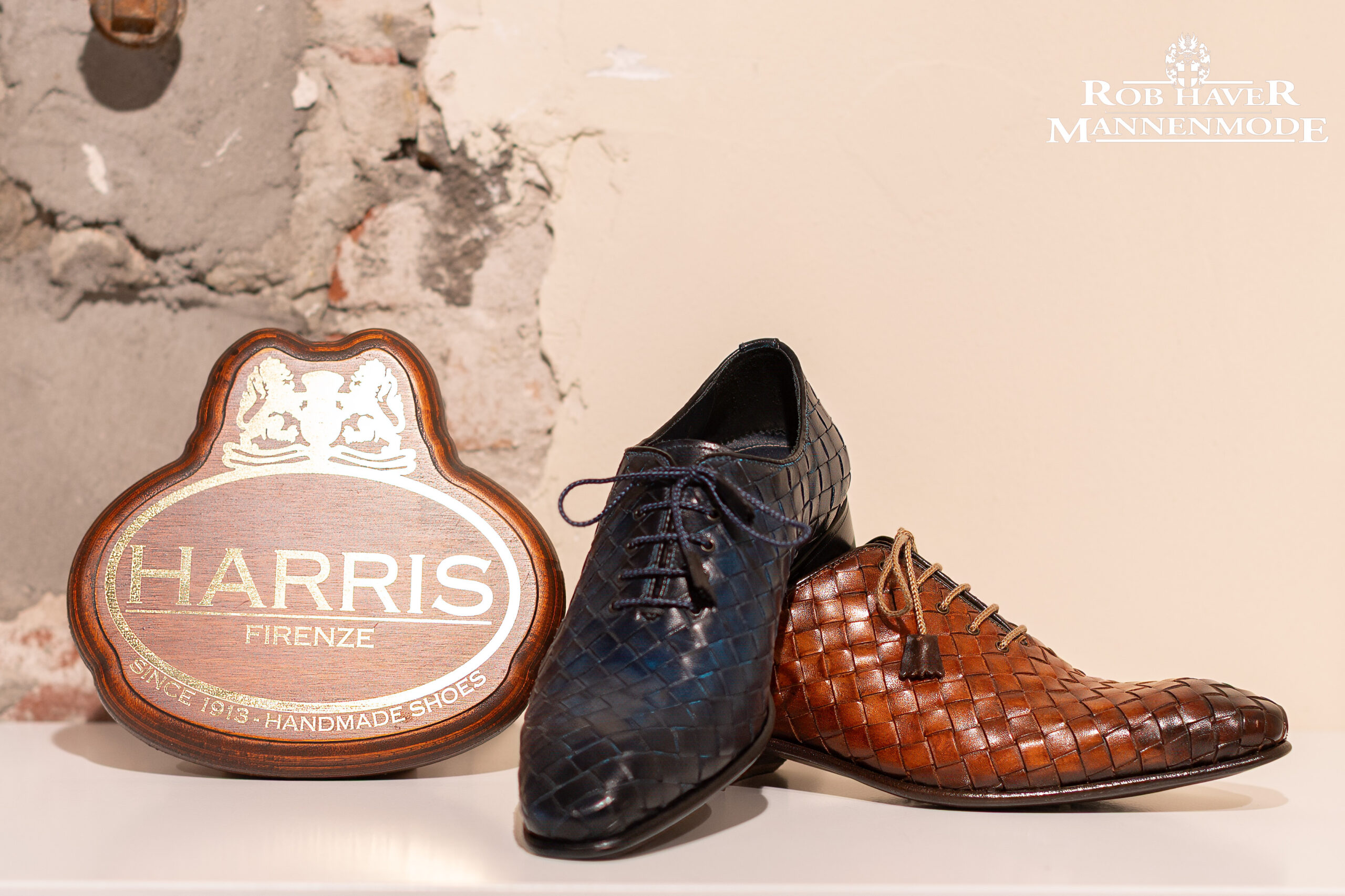 Handgemaakte Oxford in blauw en bruin Harris Firenze Italiaanse herenschoenen bij Rob Haver Mannenmode Helmond