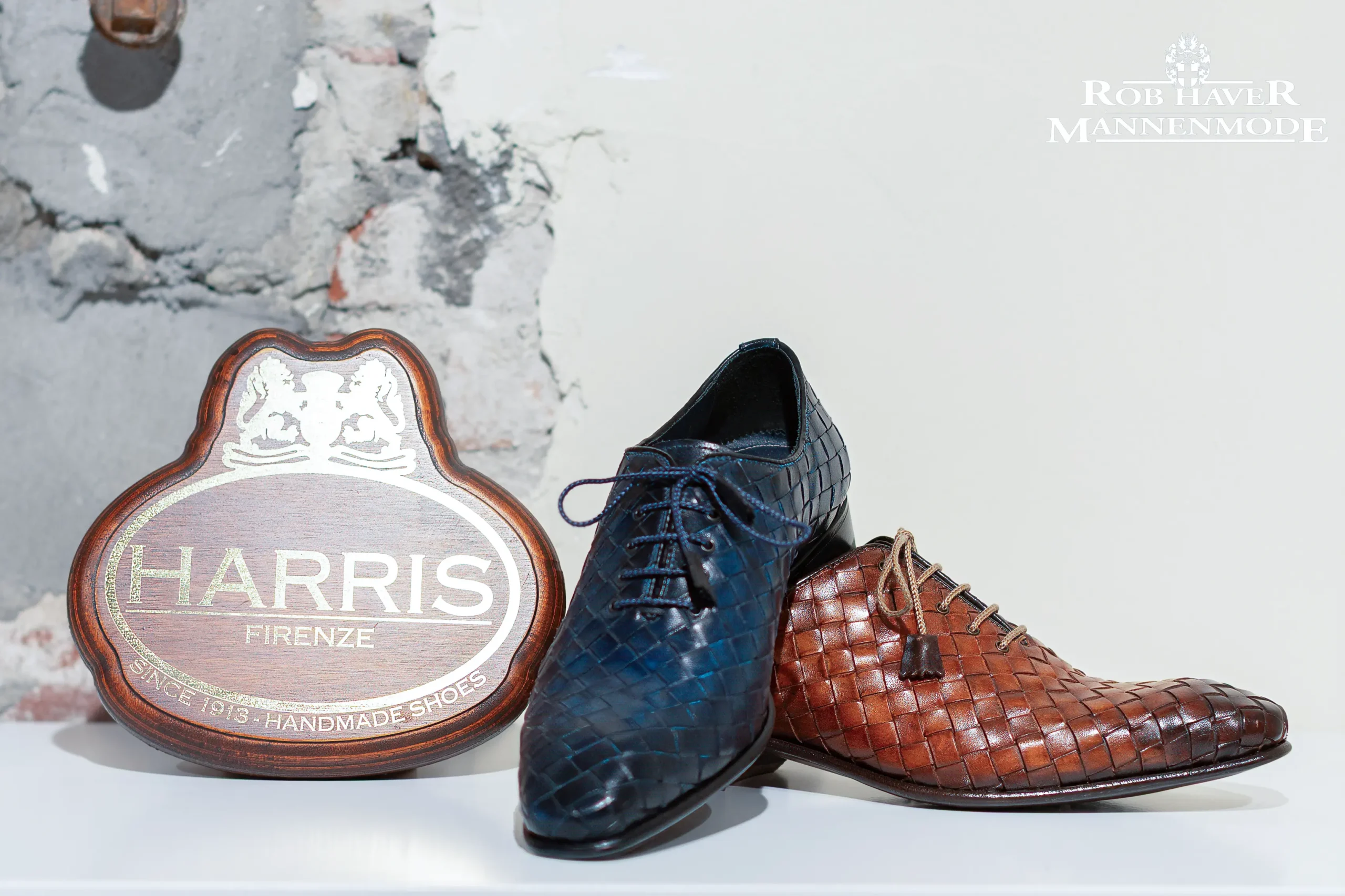 Handgemaakte Oxford in blauw en bruin Harris Firenze Italiaanse herenschoenen bij Rob Haver Mannenmode Helmond