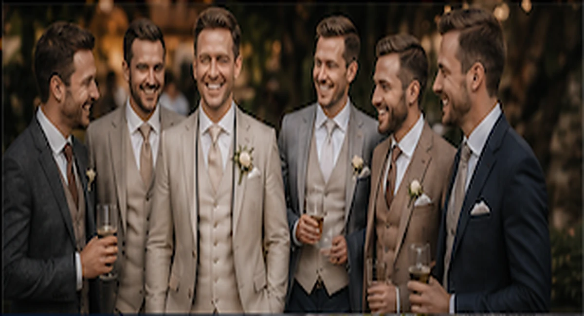 Bruidegom met getuigen en familie in stijlvolle trouwoutfits