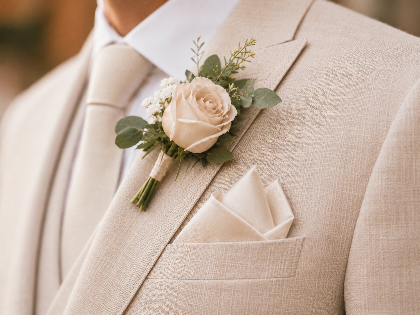 Stijlvol trouwdetail met corsage en pochet